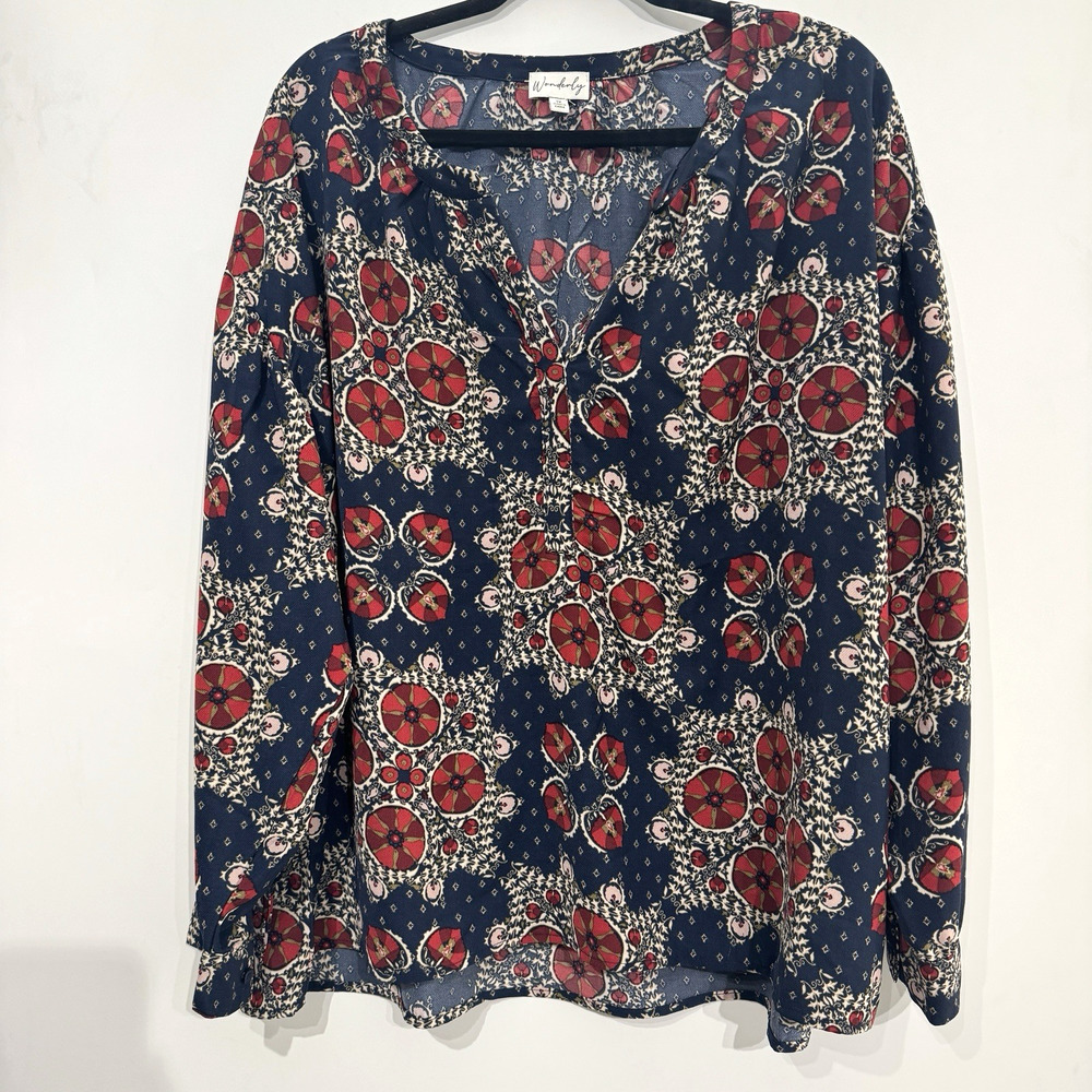 Wonderly Women's Boho Printed Popover Top Sz 1X Dark Blue Red Office Modest